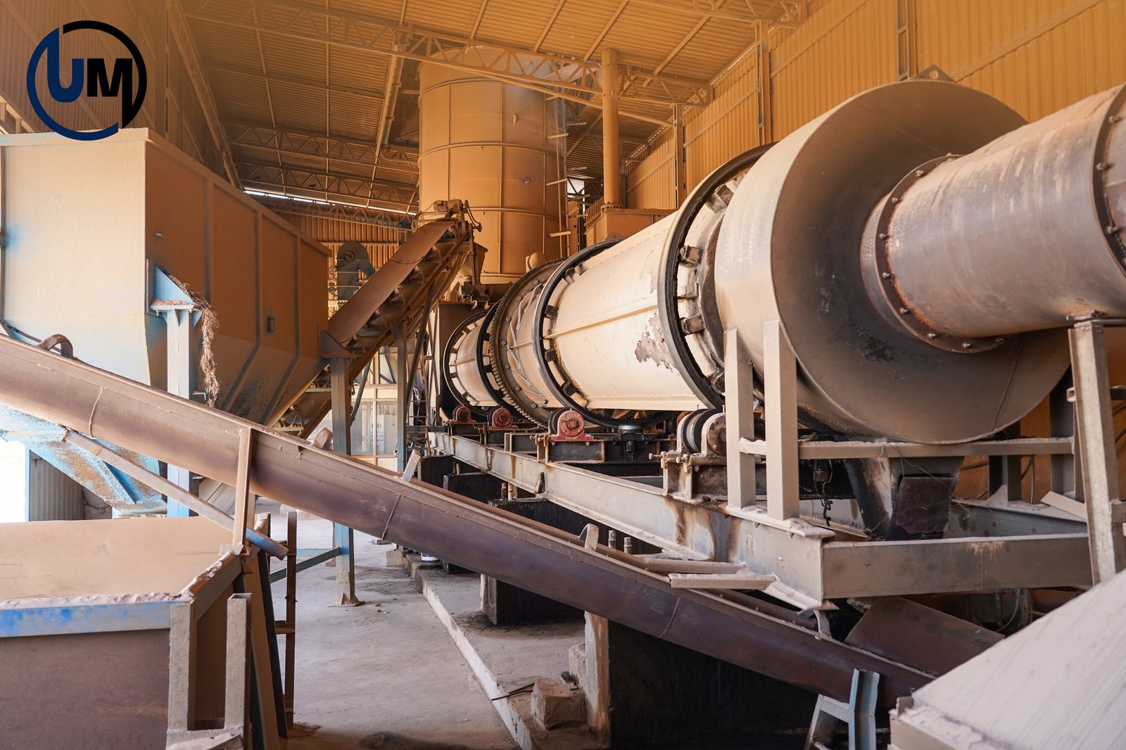 Rotary kiln dryer inside the Umiya Minerals manufacturing plant