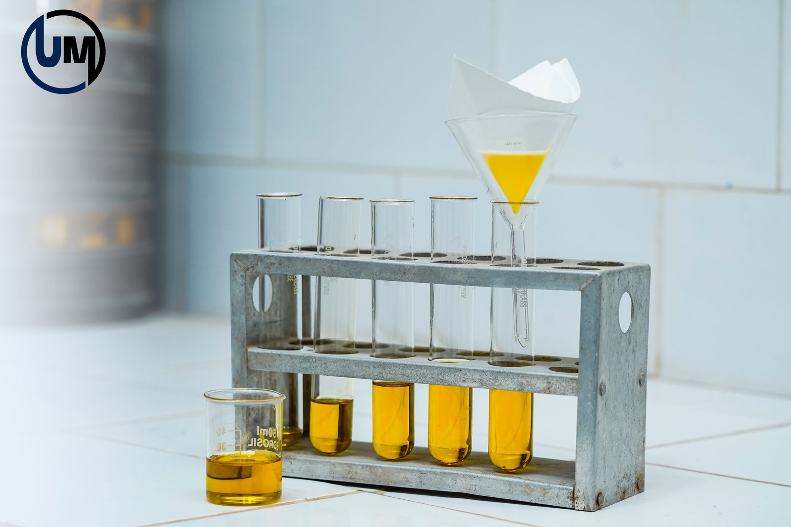 Bleach Master activated bleaching earth — lab quality testing with golden oil samples